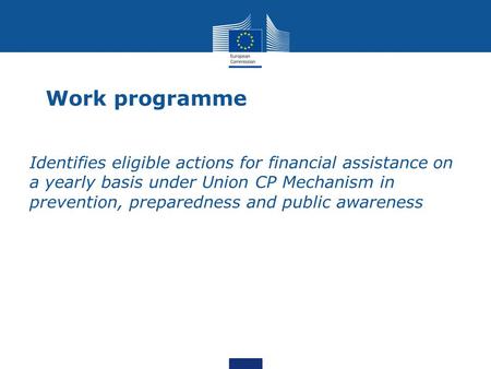 Work programme Identifies eligible actions for financial assistance on a yearly basis under Union CP Mechanism in prevention, preparedness and public awareness.