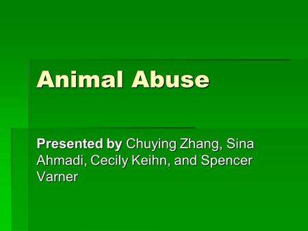 Animal Abuse Presented by Chuying Zhang, Sina Ahmadi, Cecily Keihn, and Spencer Varner.