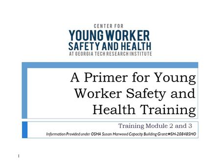 A Primer for Young Worker Safety and Health Training Training Module 2 and 3 1 Information Provided under OSHA Susan Harwood Capacity Building Grant: #SH-20848SHO.
