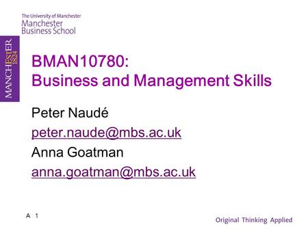 BMAN10780: Business and Management Skills Peter Naudé Anna Goatman A 1.