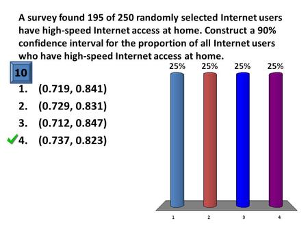 A survey found 195 of 250 randomly selected Internet users have high-speed Internet access at home. Construct a 90% confidence interval for the proportion.