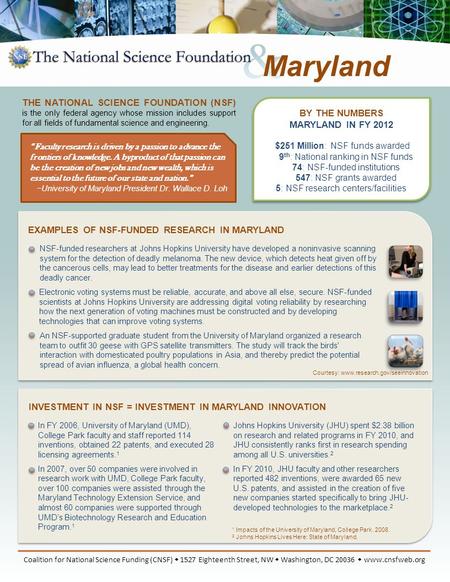 BY THE NUMBERS MARYLAND IN FY 2012 $251 Million: NSF funds awarded 9 th : National ranking in NSF funds 74: NSF-funded institutions 547: NSF grants awarded.