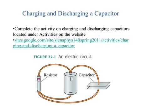 Complete the activity on charging and discharging capacitors located under Activities on the website sites.google.com/site/sienaphys140spring2011/activities/char.