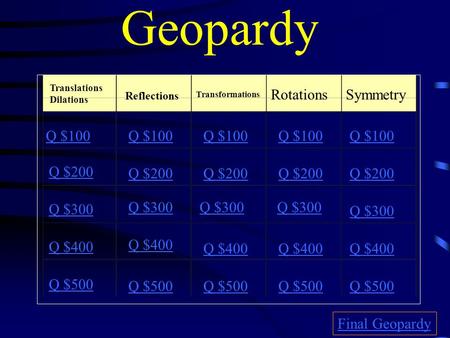Geopardy Translations Dilations Reflections Transformations RotationsSymmetry Q $100 Q $200 Q $300 Q $400 Q $500 Q $100 Q $200 Q $300 Q $400 Q $500 Final.