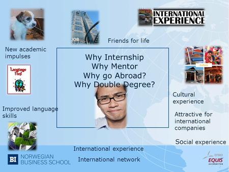 Why Internship Why Mentor Why go Abroad? Why Double Degree? International experience International network Improved language skills Cultural experience.