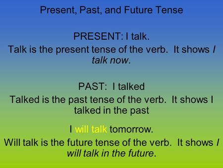 Present, Past, and Future Tense PRESENT: I talk. Talk is the present tense of the verb. It shows I talk now. PAST: I talked Talked is the past tense of.