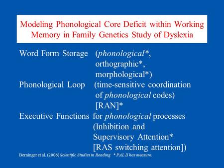 Modeling Phonological Core Deficit within Working Memory in Family Genetics Study of Dyslexia Word Form Storage (phonological*, orthographic*, morphological*)