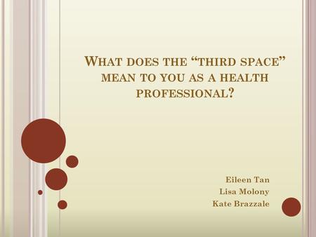 W HAT DOES THE “ THIRD SPACE ” MEAN TO YOU AS A HEALTH PROFESSIONAL ? Eileen Tan Lisa Molony Kate Brazzale.