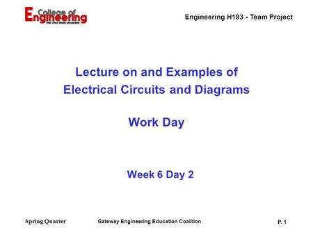 Engineering H193 - Team Project Gateway Engineering Education Coalition P. 1 Spring Quarter Week 6 Day 2 Lecture on and Examples of Electrical Circuits.