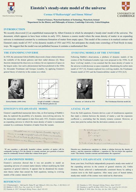 Einstein’s steady-state model of the universe INTRODUCTION We recently discovered [1] an unpublished manuscript by Albert Einstein in which he attempted.