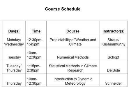 Course Schedule Day(s) Time Course Instructor(s) Monday/ Wednesday