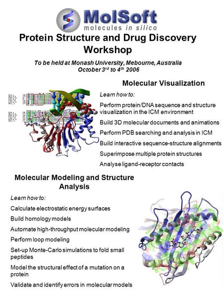 Protein Structure and Drug Discovery Workshop To be held at Monash University, Mebourne, Australia October 3 rd to 4 th 2006 Molecular Visualization Learn.