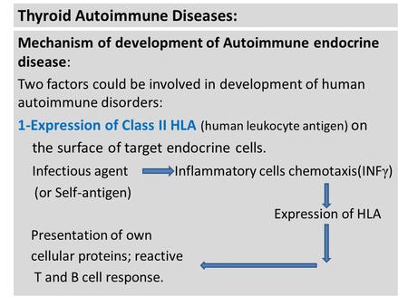 Thyroid Autoimmune Diseases: Mechanism of development of Autoimmune endocrine disease: Two factors could be involved in development of human autoimmune.