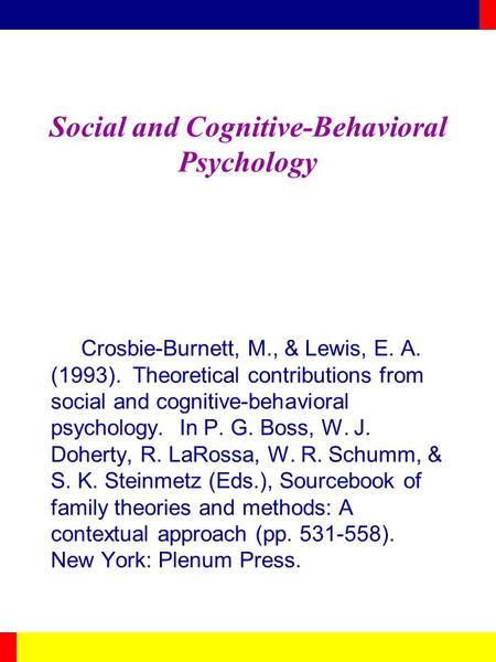 Social and Cognitive-Behavioral Psychology Crosbie-Burnett, M., & Lewis, E. A. (1993). Theoretical contributions from social and cognitive-behavioral psychology.