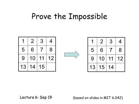 Prove the Impossible Lecture 6: Sep 19 (based on slides in MIT 6.042) 1234 5678 9101112 131415 1234 5678 9101112 131514.