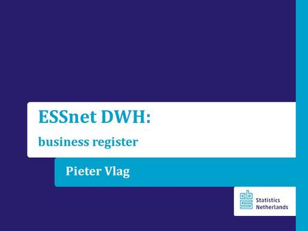 Pieter Vlag ESSnet DWH: business register. Outline Central role of the  statistical units,  population frame, which includes number of enterprises,