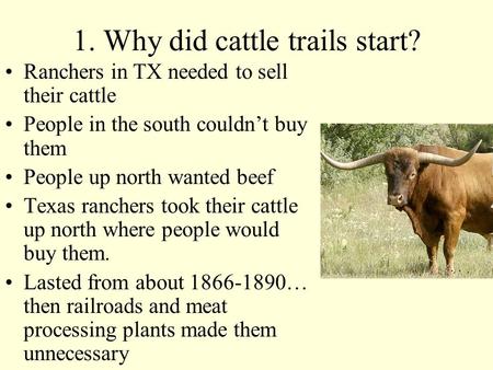 1. Why did cattle trails start? Ranchers in TX needed to sell their cattle People in the south couldn’t buy them People up north wanted beef Texas ranchers.