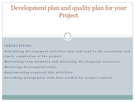 Development plan and quality plan for your Project