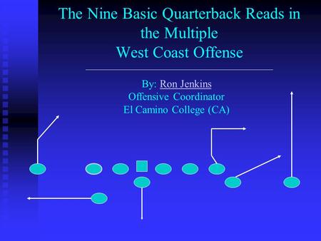 The Nine Basic Quarterback Reads in the Multiple West Coast Offense By: Ron Jenkins Offensive Coordinator El Camino College (CA)Ron Jenkins.