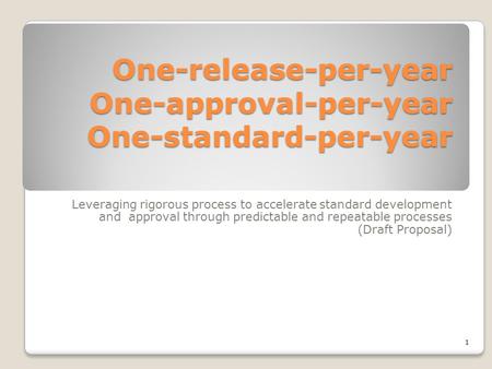 One-release-per-year One-approval-per-year One-standard-per-year Leveraging rigorous process to accelerate standard development and approval through predictable.
