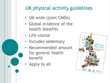 UK physical activity guidelines UK-wide (joint CMOs) Global evidence of the health benefits Life course Includes sedentary Recommended amount for general.