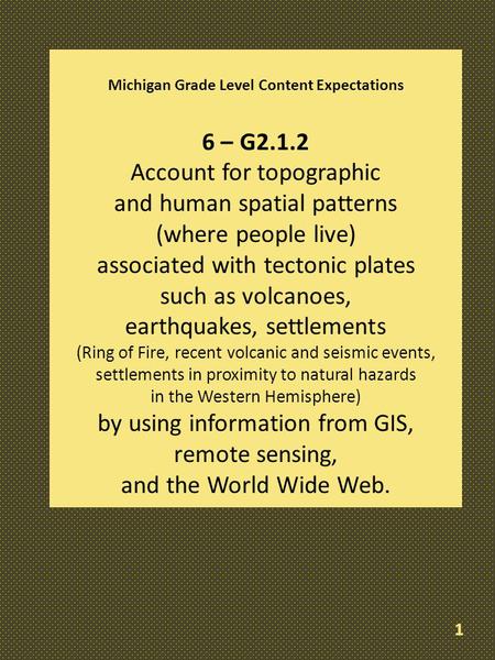 Michigan Grade Level Content Expectations 6 – G2.1.2 Account for topographic and human spatial patterns (where people live) associated with tectonic plates.