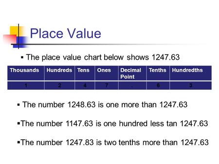 Place Value ThousandsHundredsTensOnesDecimal Point TenthsHundredths 1247.63  The place value chart below shows 1247.63  The number 1248.63 is one more.