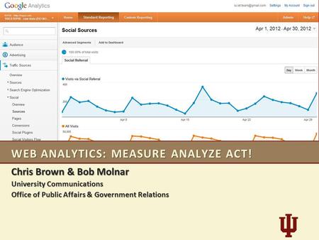 WEB ANALYTICS: MEASURE ANALYZE ACT! Chris Brown & Bob Molnar University Communications Office of Public Affairs & Government Relations.