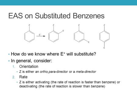 EAS on Substituted Benzenes How do we know where E + will substitute? In general, consider: 1. Orientation Z is either an ortho,para-director or a meta-director.