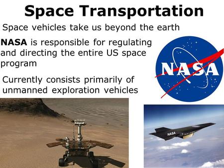 Space Transportation NASA is responsible for regulating and directing the entire US space program Space vehicles take us beyond the earth Currently consists.
