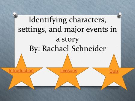 Identifying characters, settings, and major events in a story By: Rachael Schneider Introduction Lessons Quiz.