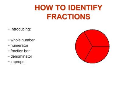 HOW TO IDENTIFY FRACTIONS Introducing: whole number numerator fraction bar denominator improper.