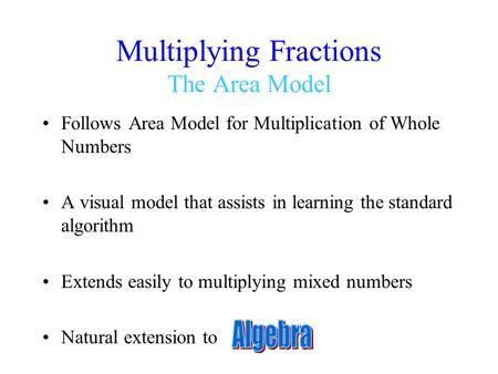 Multiplying Fractions The Area Model Follows Area Model for Multiplication of Whole Numbers A visual model that assists in learning the standard algorithm.
