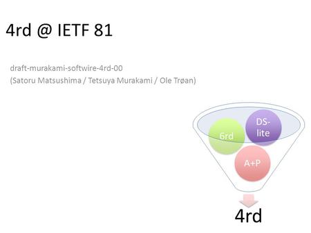 IETF 81 draft-murakami-softwire-4rd-00 (Satoru Matsushima / Tetsuya Murakami / Ole Trøan) 4rd A+P6rd DS- lite.