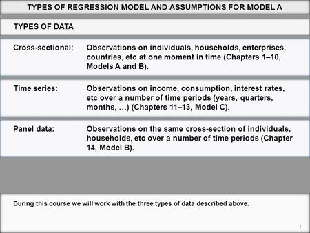 Cross-sectional:Observations on individuals, households, enterprises, countries, etc at one moment in time (Chapters 1–10, Models A and B). 1 During this.