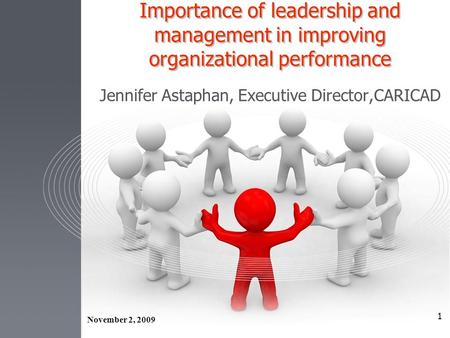 1 Importance of leadership and management in improving organizational performance Jennifer Astaphan, Executive Director,CARICAD November 2, 2009.