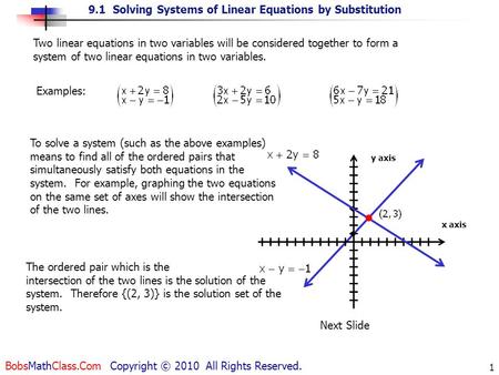 9.1 Solving Systems of Linear Equations by Substitution BobsMathClass.Com Copyright © 2010 All Rights Reserved. 1 Two linear equations in two variables.