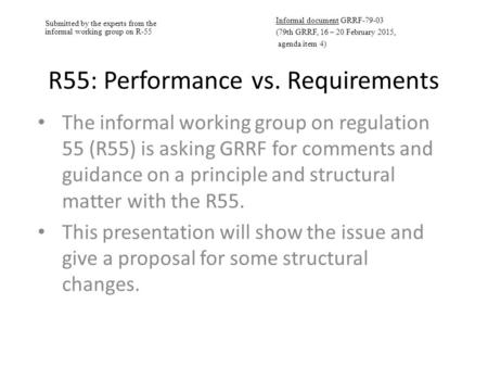 Submitted by the experts from the informal working group on R-55 Informal document GRRF-79-03 (79th GRRF, 16 – 20 February 2015, agenda item 4) R55: Performance.