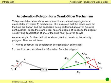P. Nikravesh, AME, U of A Acceleration Polygon for a Crank-Slider Introduction Acceleration Polygon for a Crank-Slider Mechanism This presentation shows.