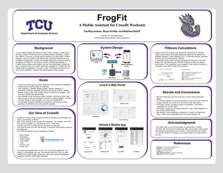 FrogFit A Mobile Assistant for Crossfit Workouts Geoffrey Adams, Bryan Kribbs, and Matthew Ratliff Advisor: Dr. Donnell Payne Chalkbucket Labs Advisor: