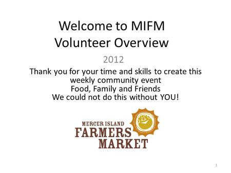 Welcome to MIFM Volunteer Overview 2012 Thank you for your time and skills to create this weekly community event Food, Family and Friends We could not.