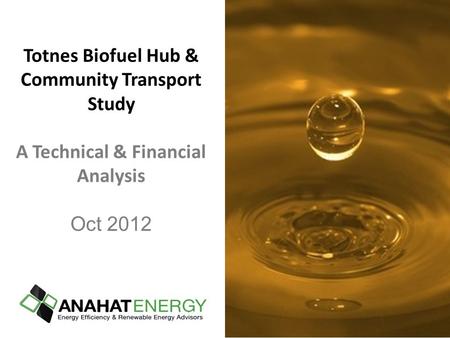 Totnes Biofuel Hub & Community Transport Study A Technical & Financial Analysis Oct 2012 Photo: