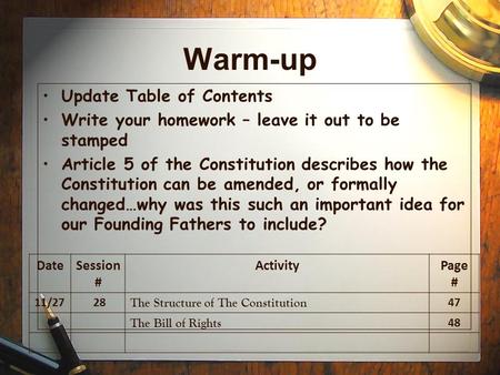 Warm-up Update Table of Contents