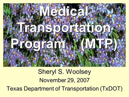 Sheryl S. Woolsey November 29, 2007 Texas Department of Transportation (TxDOT) Medical Transportation Program (MTP)
