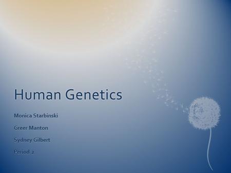 Human GeneticsHuman Genetics Monica Starbinski Greer Manton Sydney Gilbert Period 2.