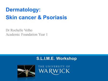 Dermatology: Skin cancer & Psoriasis S.L.I.M.E. Workshop Dr Rochelle Velho Academic Foundation Year 1.