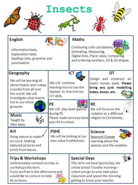 English Maths Geography ICT DT Music Taught by Miss Keen. PE We will play team games during PE. Please make sure you have your kit in school. RE We will.