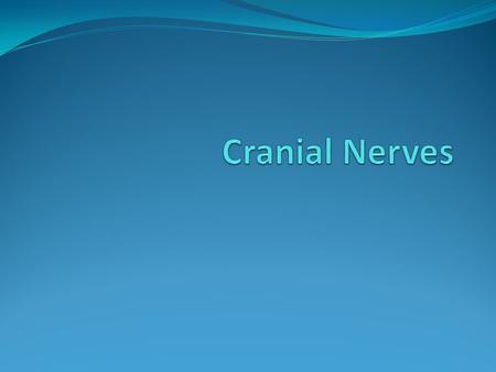 Label & Describe the Nerve Functions CRANIAL NERVES NOTES 1-4 I. Olfactory Sensory from olfactory receptors in nasal cavity Smell tests II. Optic Thru.