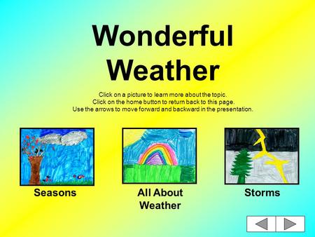 Wonderful Weather Click on a picture to learn more about the topic. Click on the home button to return back to this page. Use the arrows to move forward.