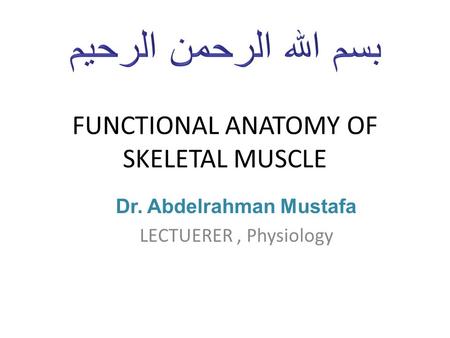 FUNCTIONAL ANATOMY OF SKELETAL MUSCLE Dr. Abdelrahman Mustafa LECTUERER, Physiology.